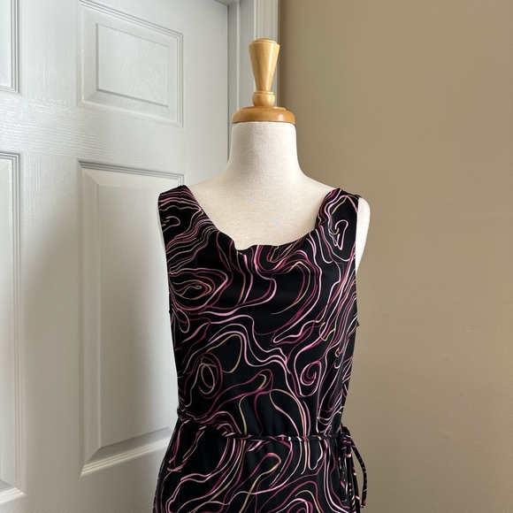 VINTAGE Y2K BLACK PINK SWIRL PATTERN COWL NECK MIDI DRESS - L - Picture 5 of 6